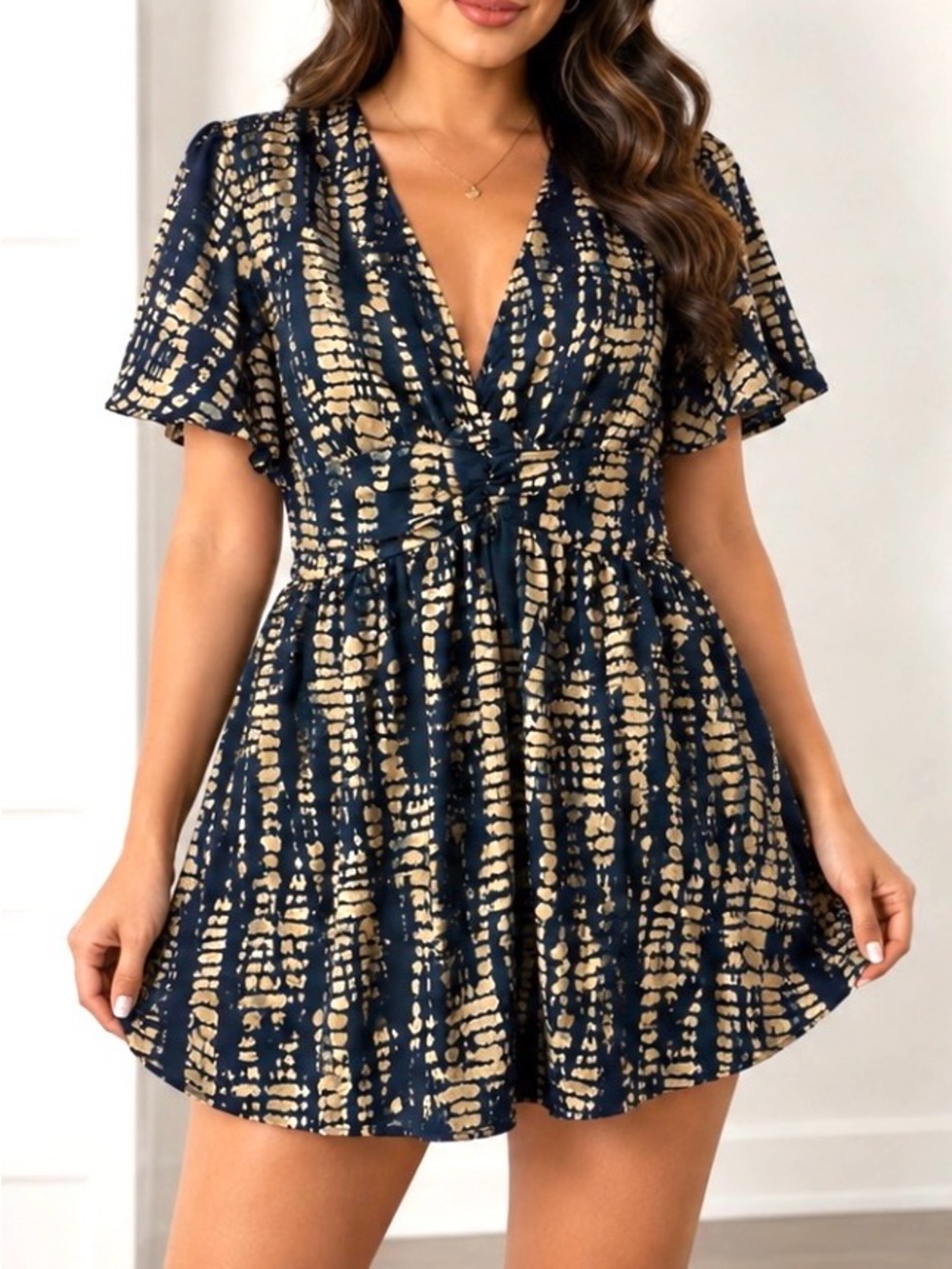 Navy and Beige V-Neck Flutter Sleeve Mini Dress M